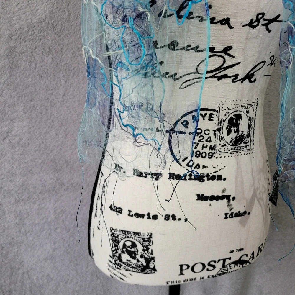 Fleurs 100% silk blue floral embroidered scarf sheer wrap luxury bright‎ spring